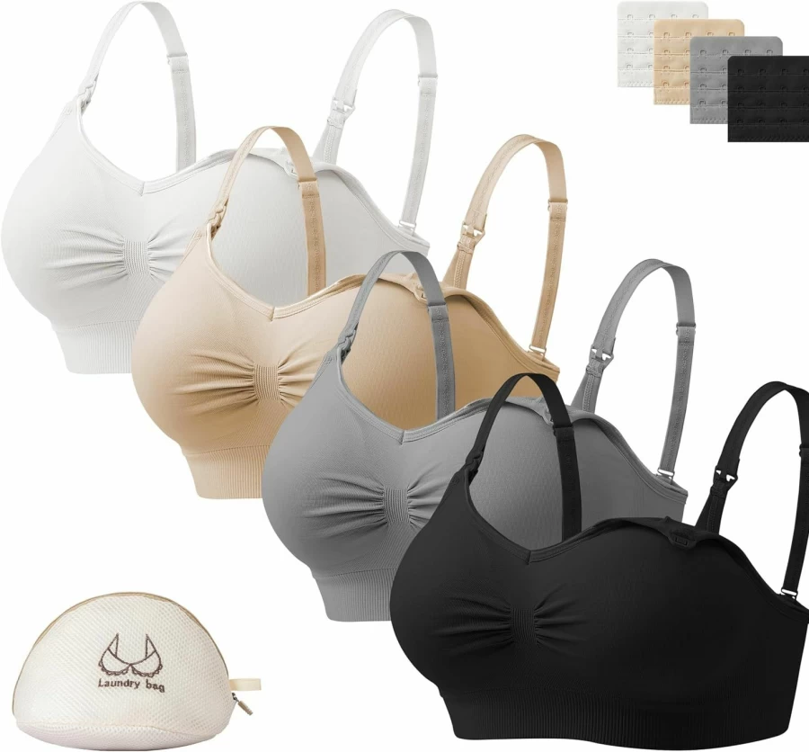 Angelhood 4-Pack Seamless Nursing Bra for Breastfeeding – Removable Pads, Supportive & Comfortable Maternity Bra