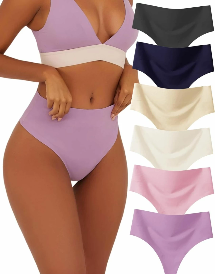Knowyou Women's 6-Pack High Waisted Seamless Thongs - No Show, Breathable, Comfortable Underwear