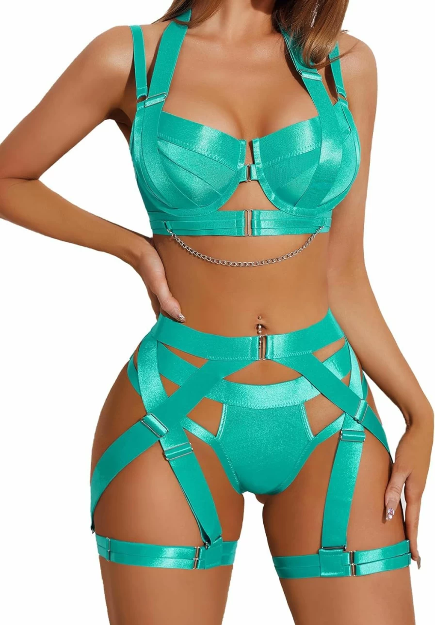 Avidlove Women's Sexy Lingerie Set - Strappy Push Up Bra & Garter with Chain - Underwire Lingerie for Valentine's Day