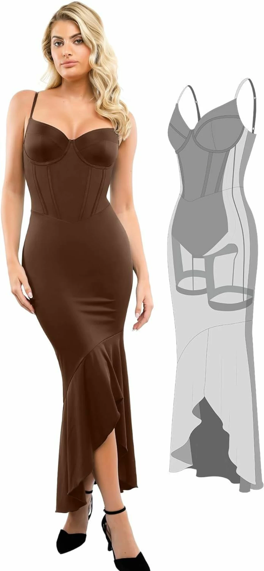 Popilush Women's Corset Mermaid Maxi Dress with Built-In Shapewear - Deep V Neck Slip Gown for Wedding & Bridesmaid
