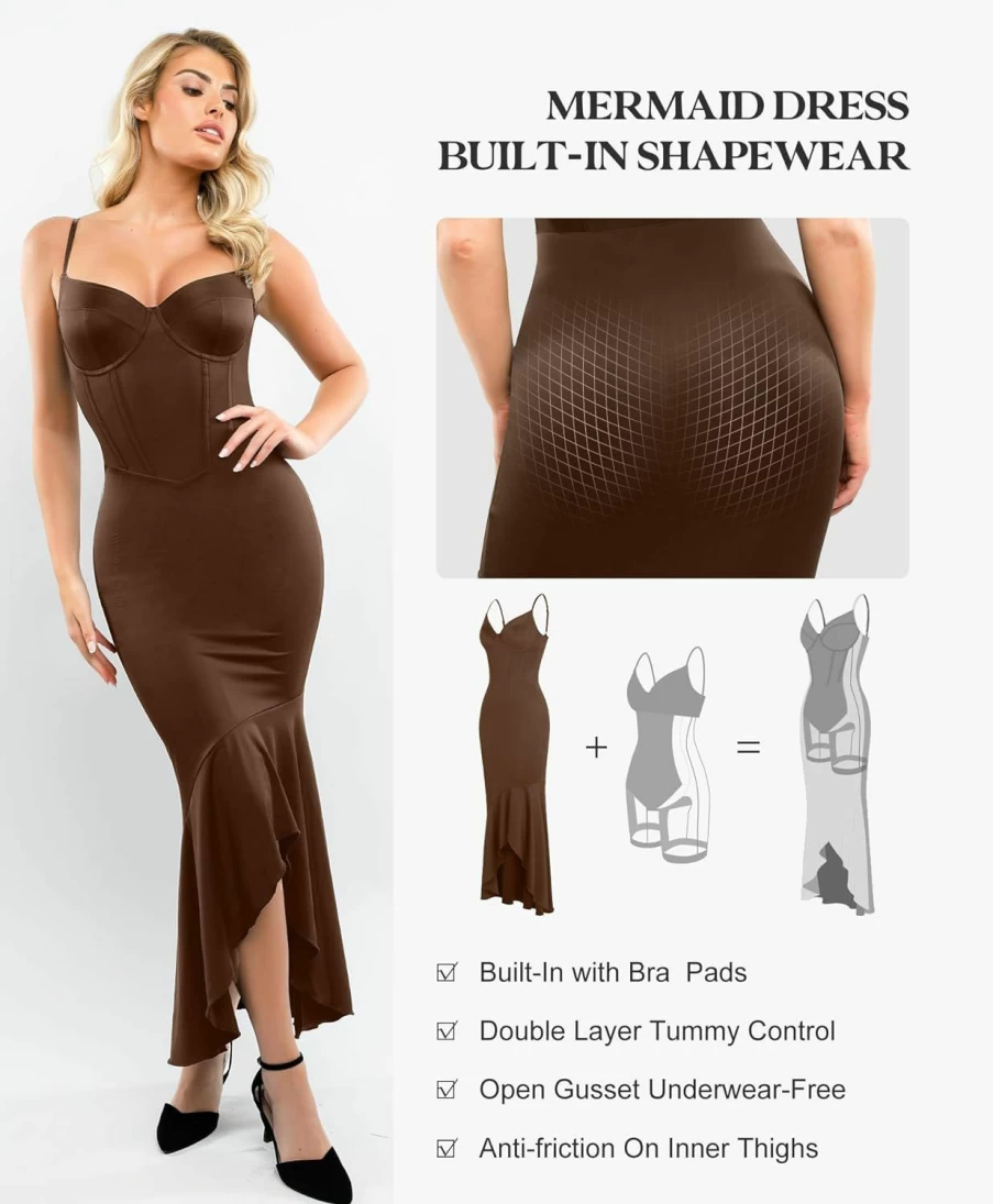 Popilush Women's Corset Mermaid Maxi Dress with Built-In Shapewear - Deep V Neck Slip Gown for Wedding & Bridesmaid