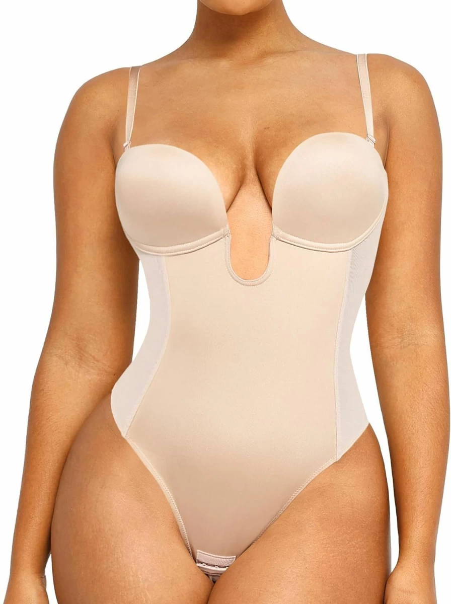 SHAPELLX Women's U Plunge Backless Corset Bodysuit - Tummy Control Shapewear Thong Top for Daily Wear