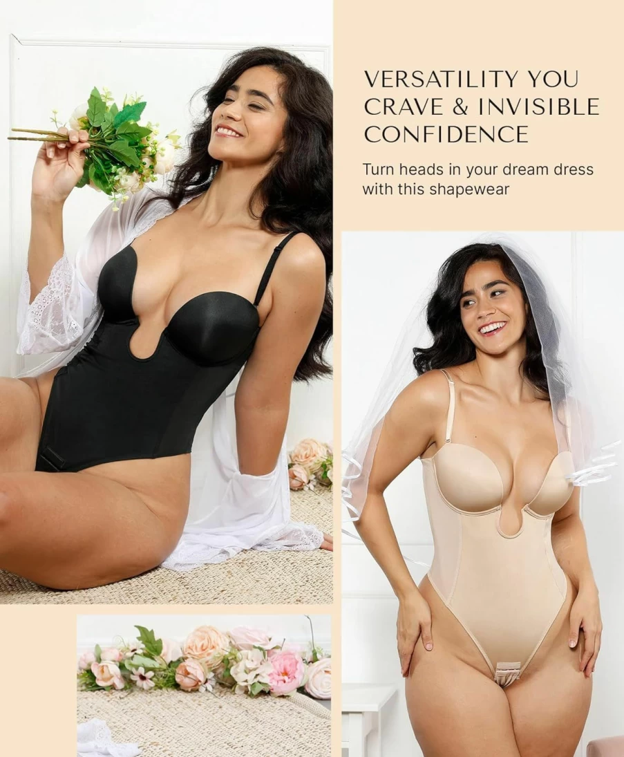 SHAPELLX Women's U Plunge Backless Corset Bodysuit - Tummy Control Shapewear Thong Top for Daily Wear