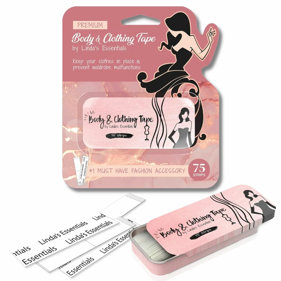 Linda's Essentials Double Sided Fabric Tape - Strong Clear Fashion Tape for Clothes, No Sew No Iron Hem Tape, 75 Pack, Hypoallergenic for All Skin Tones
