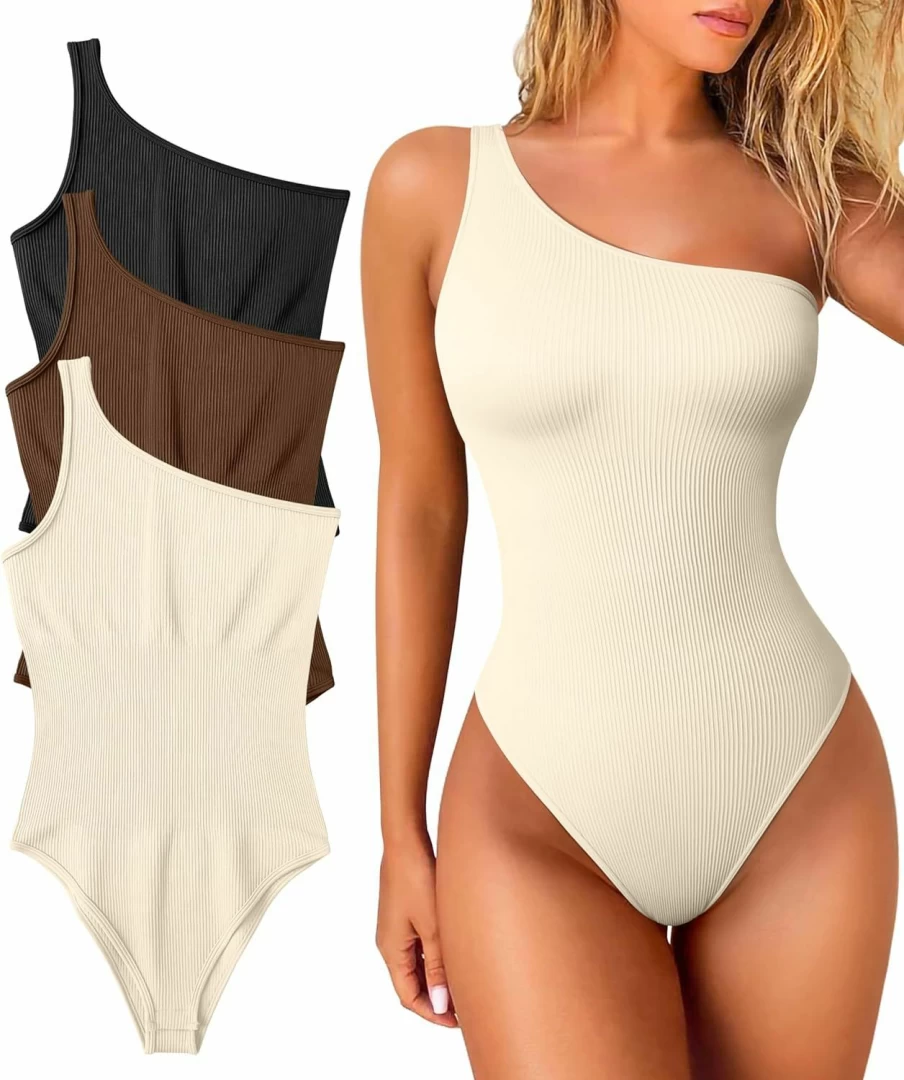 OQQ Women's Sexy Ribbed Bodysuit - One Shoulder Sleeveless Workout & Exercise Jumpsuit