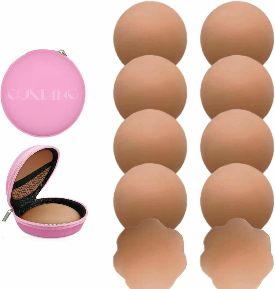 QUXIANG Reusable Silicone Nipple Covers for Women - 5 Pairs (4 Round & 1 Flower) Adhesive Pasties Bra Alternatives