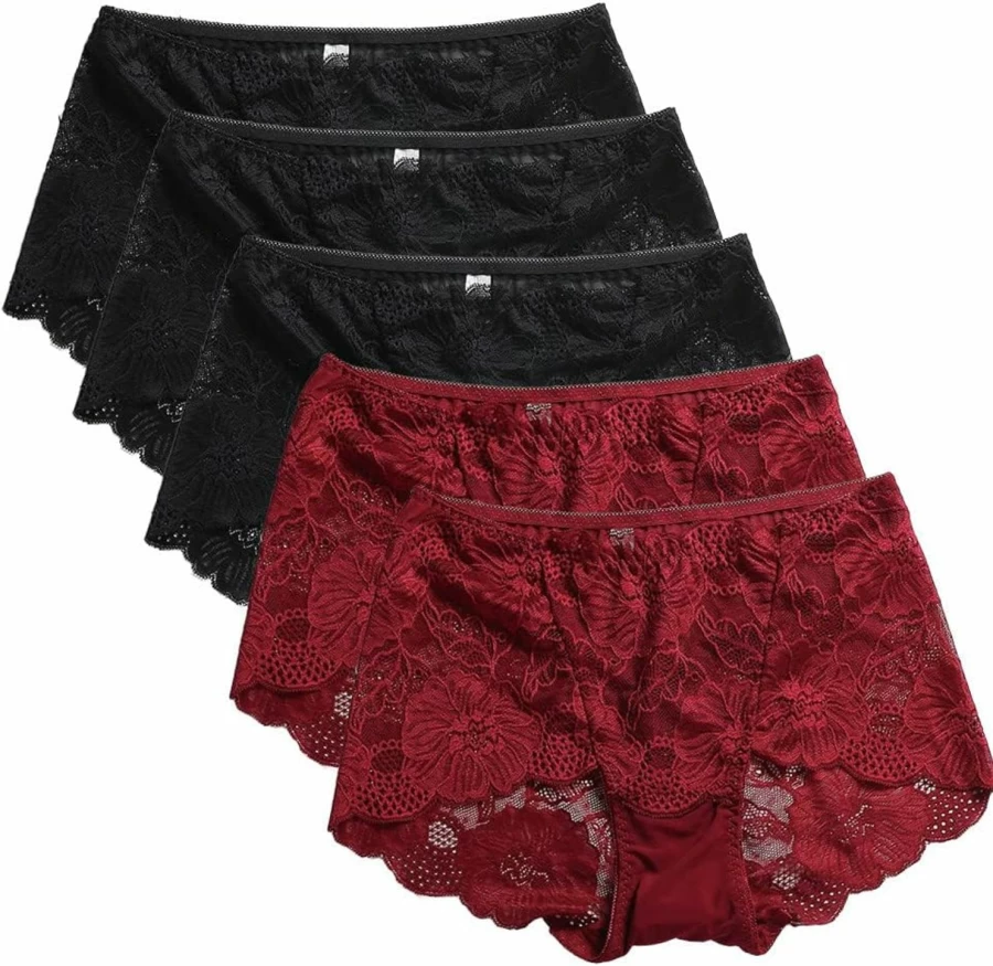 PHOLEEY Women's High Waisted Lace Panties 5-Pack - Sexy Plus Size Underwear Briefs for Ladies