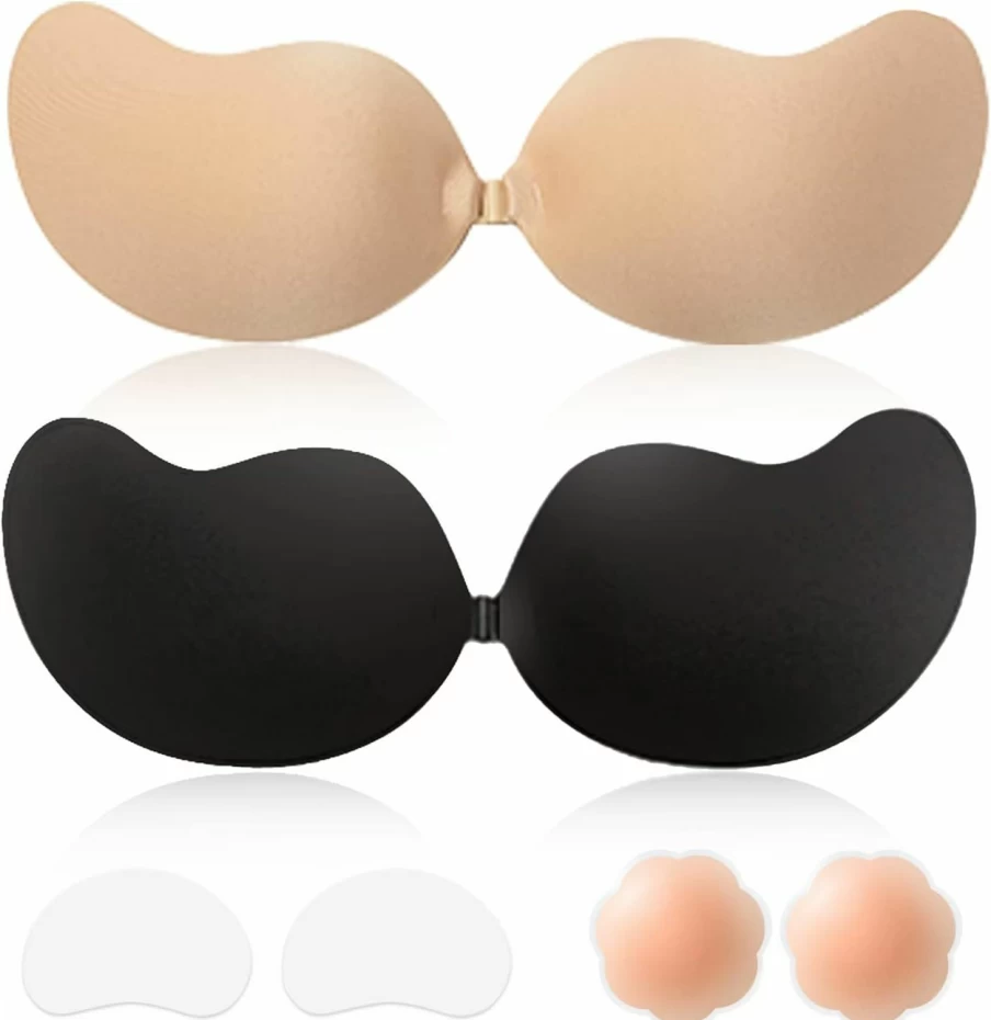 NSOLEX Sticky Bra Strapless Backless Adhesive Push Up Bra - Invisible Reusable Nipple Covers for Women, 2-Pair for Dresses