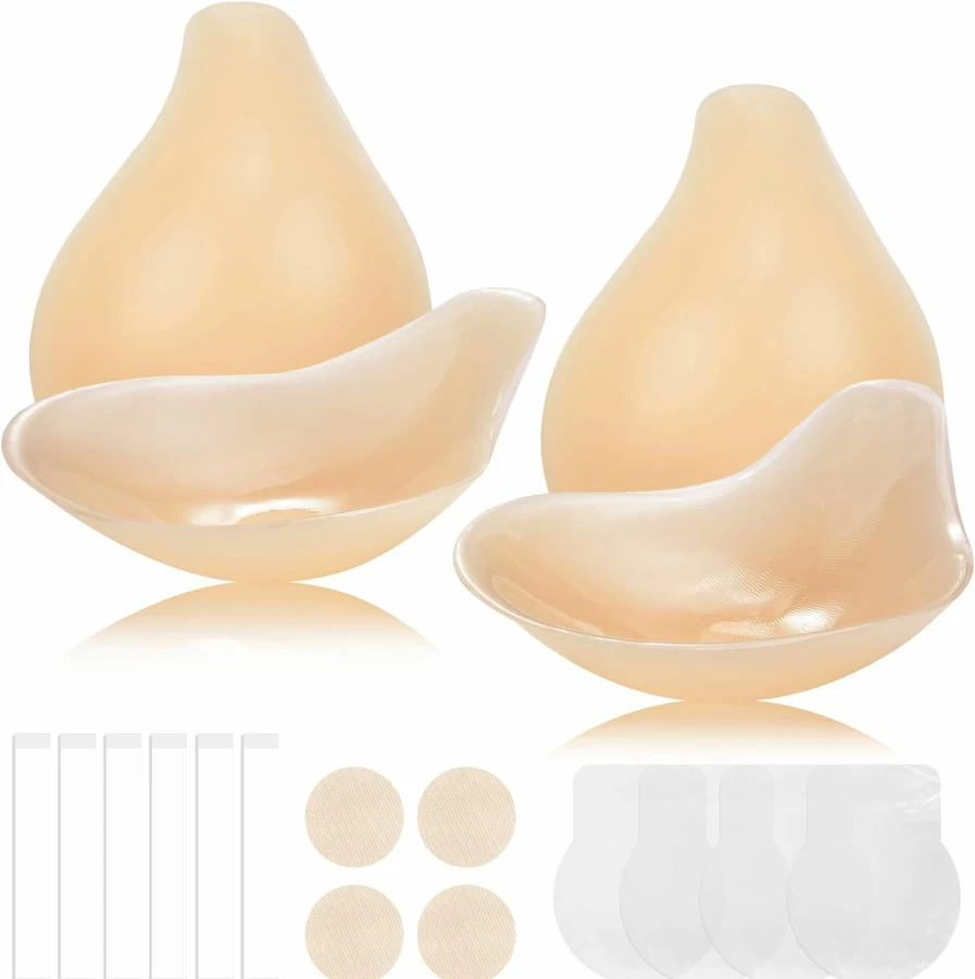 LEFRECO Silicone Adhesive Bra - Strapless Backless Push Up Sticky Bra with Nipple Covers, 2-Pair Set, Lift & Invisible Support (Size L, Creme)