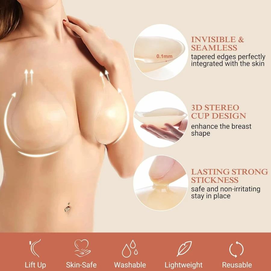 LEFRECO Silicone Adhesive Bra - Strapless Backless Push Up Sticky Bra with Nipple Covers, 2-Pair Set, Lift & Invisible Support (Size L, Creme)