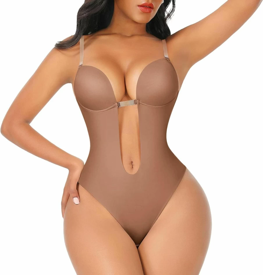 FeelinGirl Plus Size Backless Shapewear with Built-In Bra - Seamless Body Shaper & Open Crotch Faja for Women