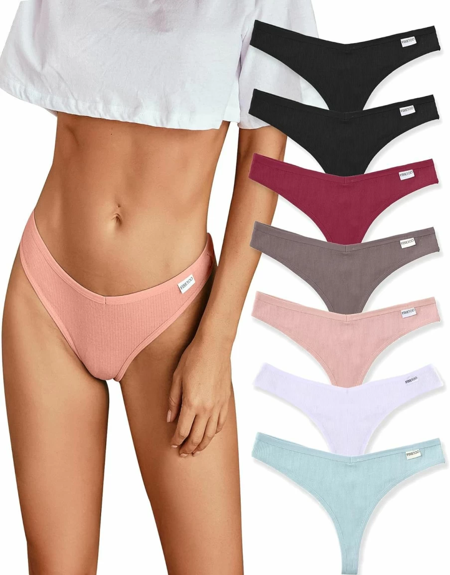 FINETOO Women's Cotton Thong Underwear 7-Pack - Breathable Low Rise Hipster Panties for Everyday Comfort - Sizes S-XL
