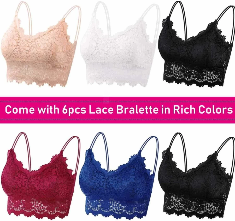 Selizo Women's Lace Bralette 6-Pack - Sexy Padded Bandeau Bras for Women and Girls