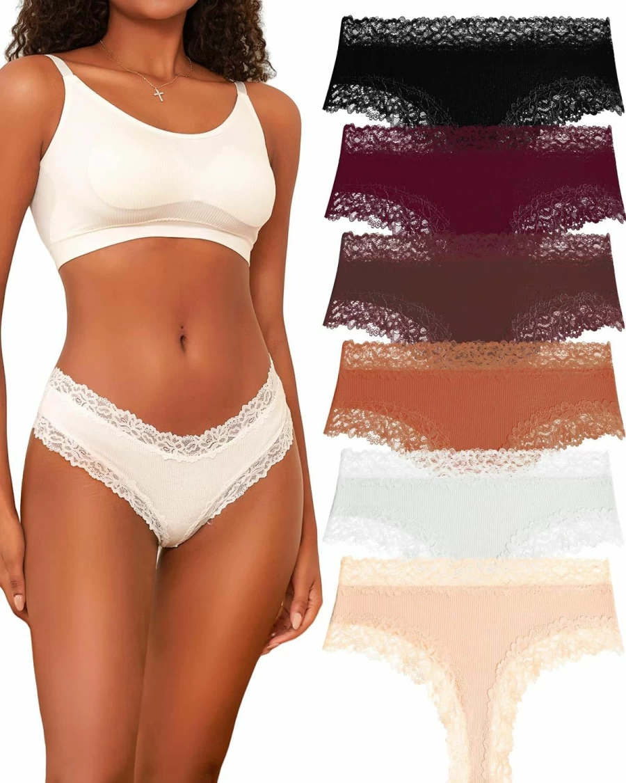 FINETOO Women's 6 Pack Cotton Hipster Panties - Soft Breathable Lace Underwear Brazilian Bikini for Ladies