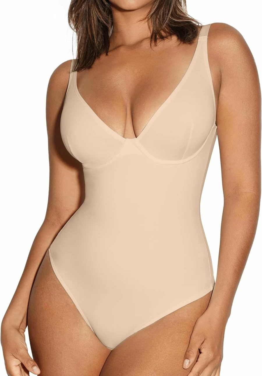 FeelinGirl Women's Tummy Control Shapewear Bodysuit - Deep V Neck Thong Body Shaper for Slimming & Sculpting