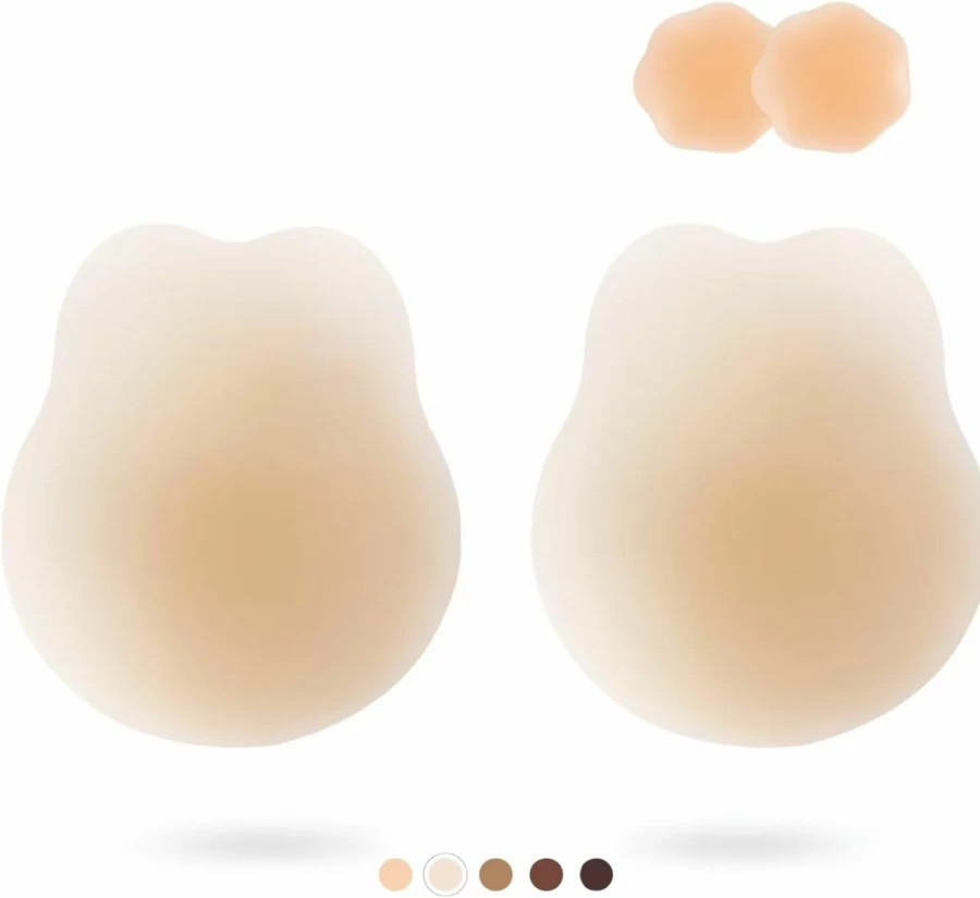APOWUS 2023 Ultra-Thin Adhesive Bra - Invisible Strapless Backless Push-Up Sticky Bra with Nipple Covers