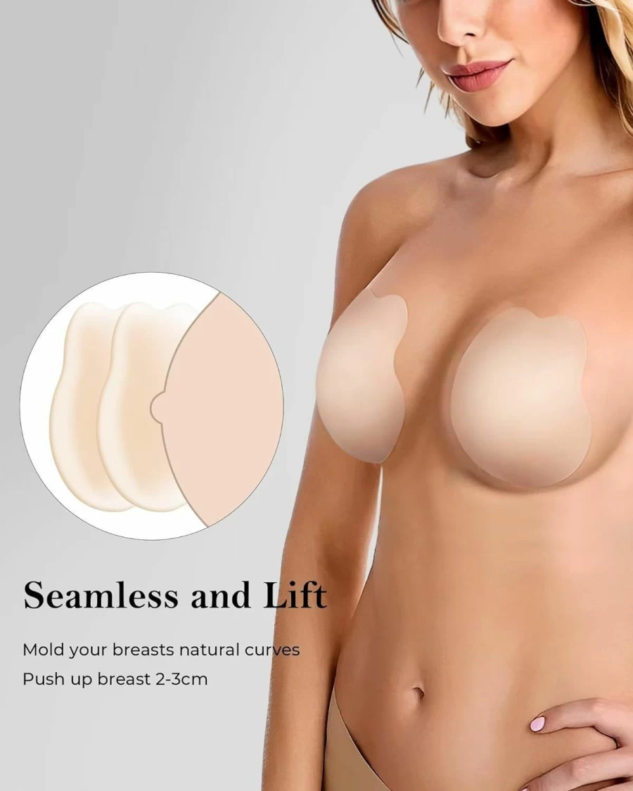APOWUS 2023 Ultra-Thin Adhesive Bra - Invisible Strapless Backless Push-Up Sticky Bra with Nipple Covers