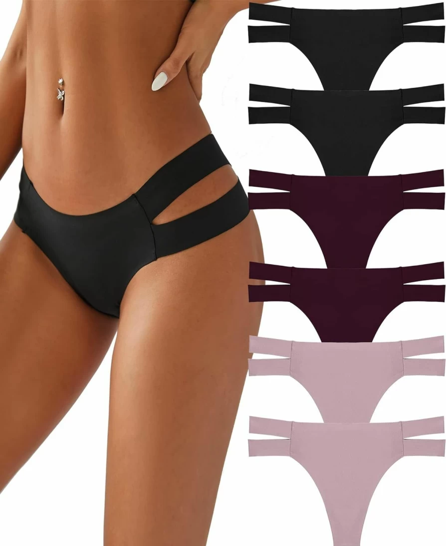 Knowyou Women's 6-Pack Seamless Thong Underwear - Breathable No Show T-Back Panties with Stretch Straps for Comfort & Sexy Fit