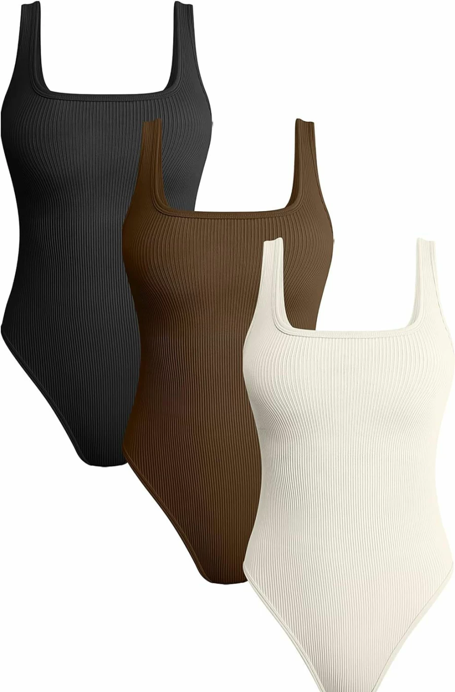 OQQ Women's 3-Piece Ribbed Bodysuit Set - Square Neck Sleeveless Tank Tops Stretchy Comfortable Bodysuits