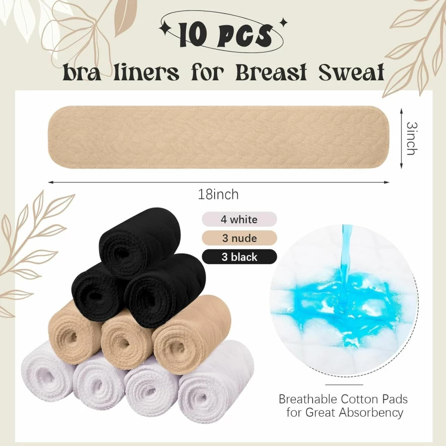 Toulite 10-Pack Breathable Cotton Bra Liners for Women - 3-Layer Sweat Absorption Under Bra Pads, Comfortable Rectangle Bra Inserts