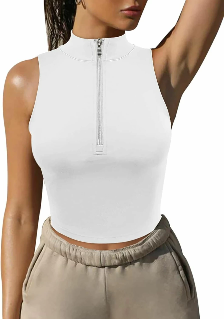 LASLULU Women's Slim Fit Crop Top with Built-In Bra - Half Zip Racerback Athletic Shirt for Workout & Yoga