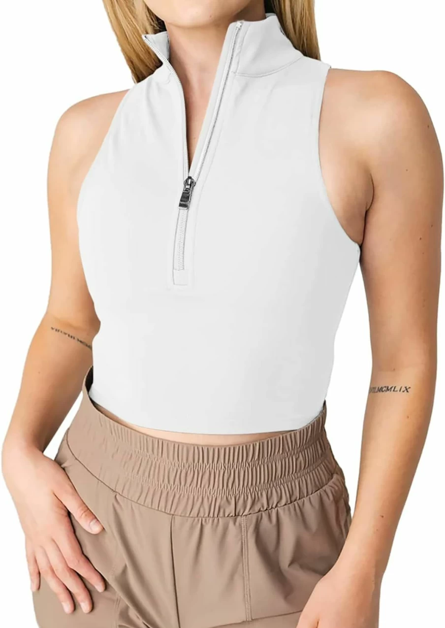 LASLULU Women's Slim Fit Crop Top with Built-In Bra - Half Zip Racerback Athletic Shirt for Workout & Yoga