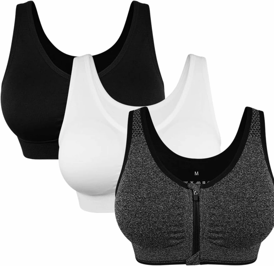 WANAYOU Women's Wireless Zip Front Sports Bra - Post-Surgery Yoga Bra for Active Women