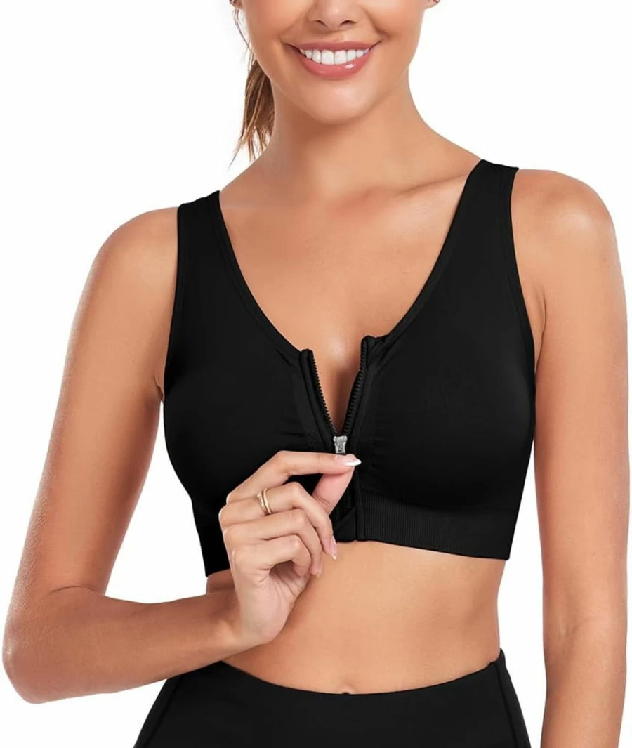 WANAYOU Women's Wireless Zip Front Sports Bra - Post-Surgery Yoga Bra for Active Women