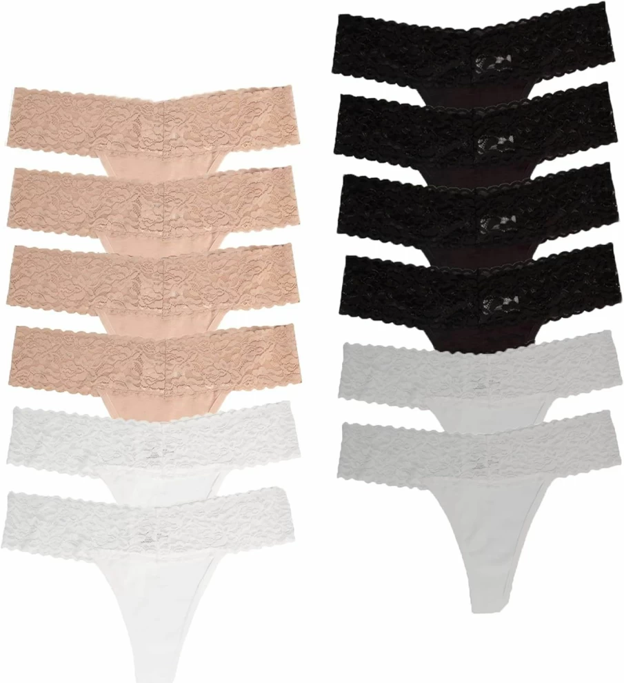 Jo & Bette Women's Sexy Lace Thongs - 6 or 12 Pack G-String Panties, No Show Seamless Underwear, Soft Cotton Comfort