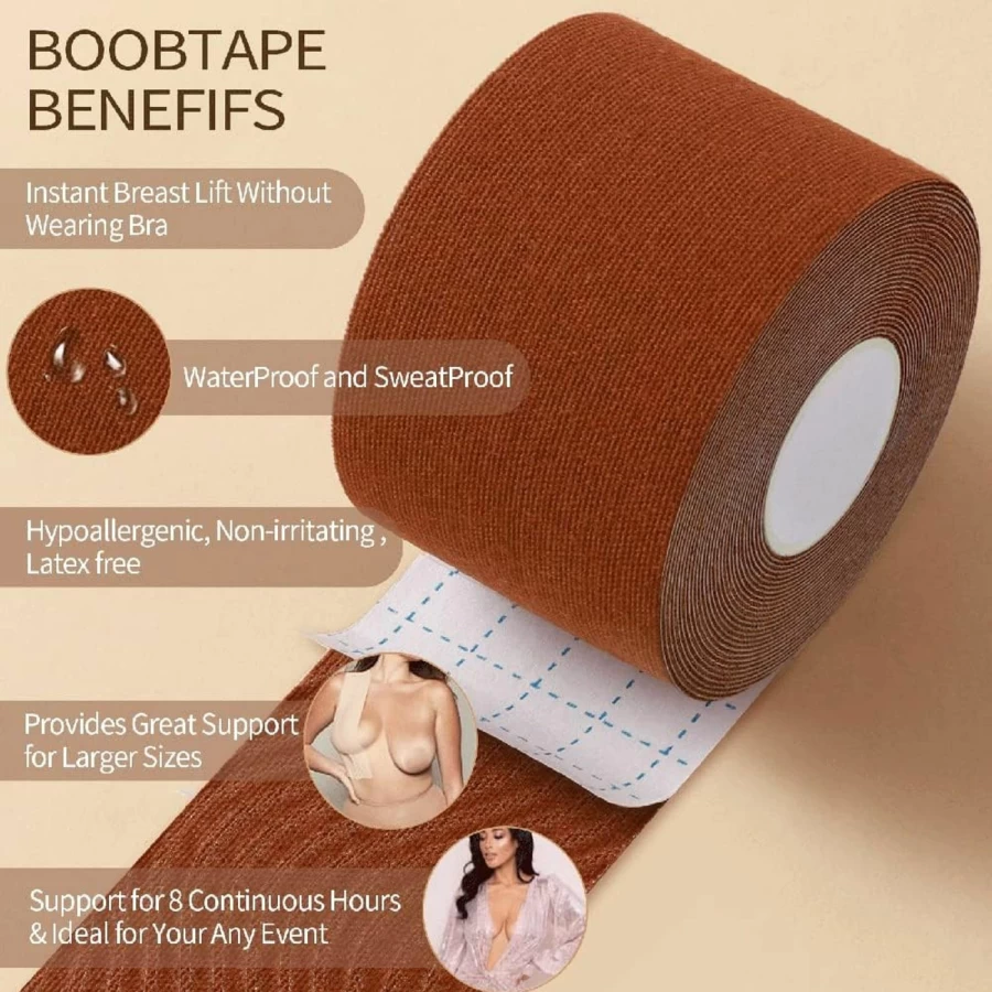 Okela XL Breast Lift Tape for Large Breasts – Breathable, Sweat-Proof Adhesive Bra Tape with Reusable Nipple Covers, Supports Active Lifestyles, Brown