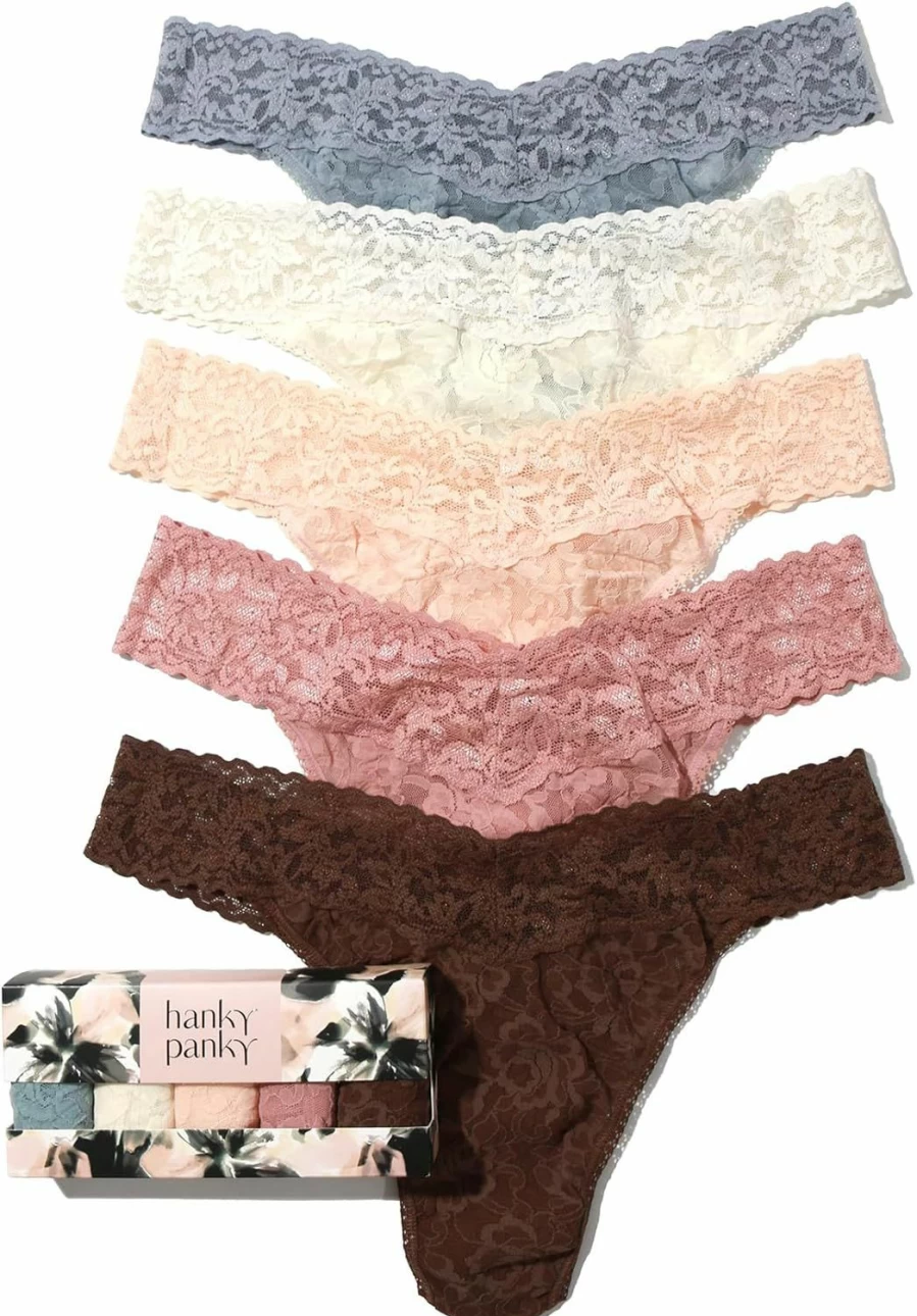 Hanky Panky Original Rise Thong 5-Pack Printed Gift Box - Soft Lace Underwear for Women