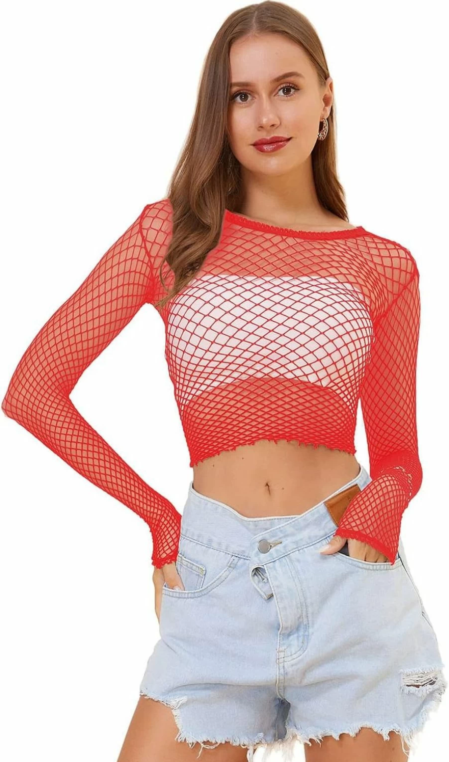 LemonGirl Women's Fishnet Mesh Long Sleeve Crop Top Lingerie Babydoll Chemise Sexy T-Shirt US Sizes 2-16