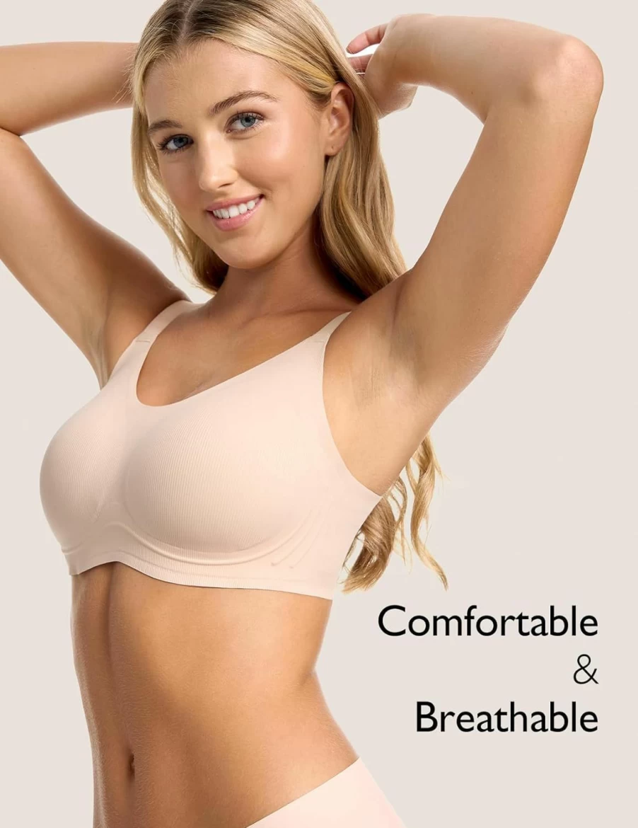 COMFELIE Women's Seamless Wireless Bra - Comfortable Wire Free Everyday T-Shirt Bra with Vertical Stripes