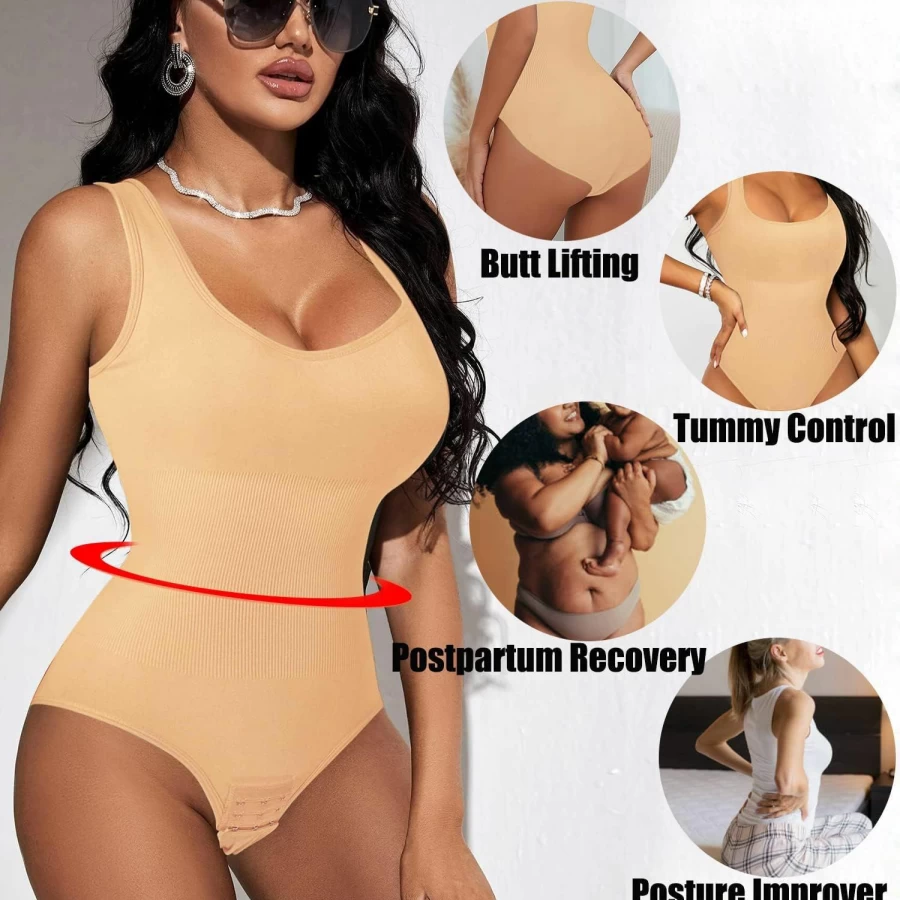Fitever Women's Seamless Shapewear Bodysuit - Tummy Control Waist Trainer Slimming Full Body Shaper Jumpsuit with Round Neck
