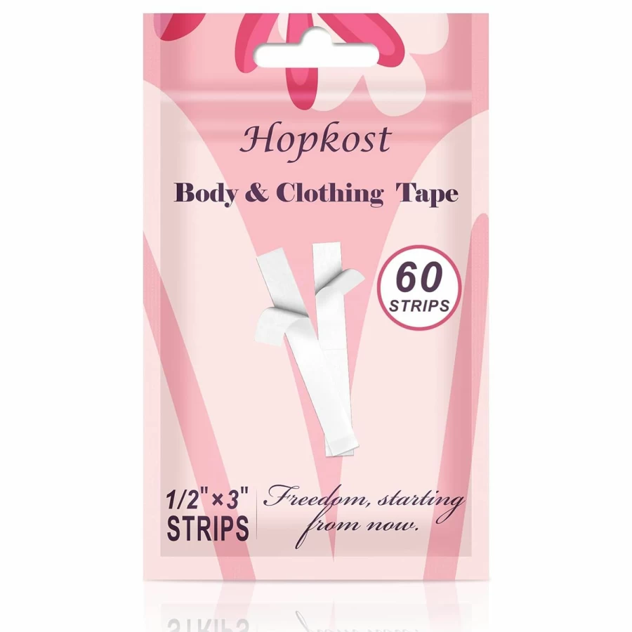 Hopkost Double Sided Clothing Tape - Clear Body Tape for Dresses, Pants & Skin, 60 Strips Pack, All Day Hold, Transparent Fashion Tape for Women