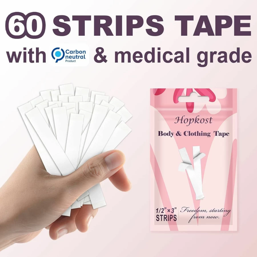 Hopkost Double Sided Clothing Tape - Clear Body Tape for Dresses, Pants & Skin, 60 Strips Pack, All Day Hold, Transparent Fashion Tape for Women