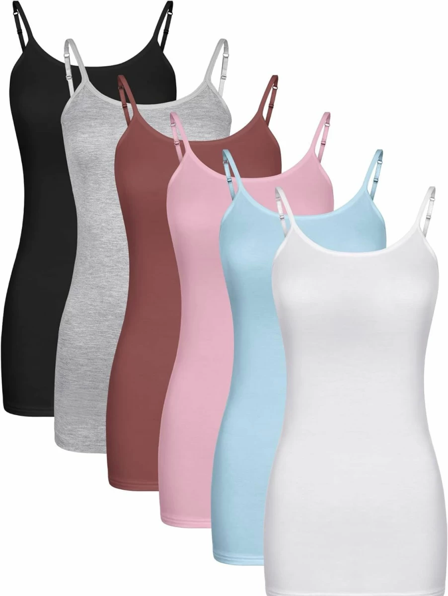 Bencailor 6-Pack Women's Long Adjustable Spaghetti Strap Camisoles - Breathable Workout Tanks & Layering Undershirts