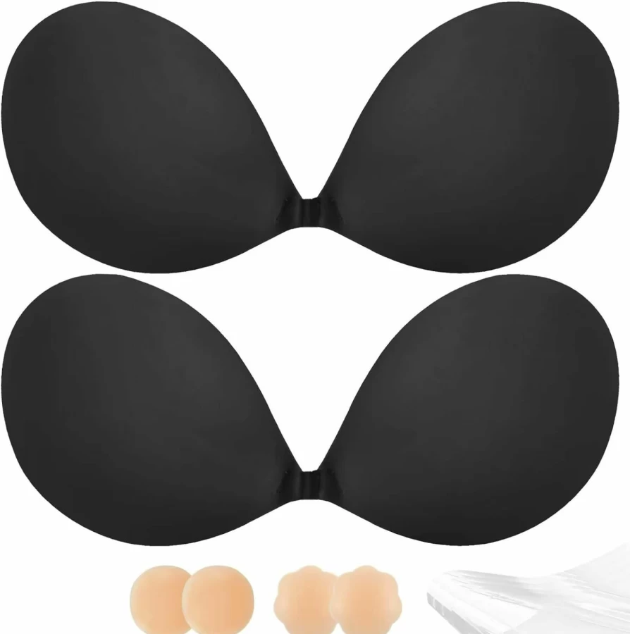 Alki'i Adhesive Push Up Bra for Women - 2 Pack Invisible Sticky Backless Strapless Lifting Bra with Nipple Covers for Dresses