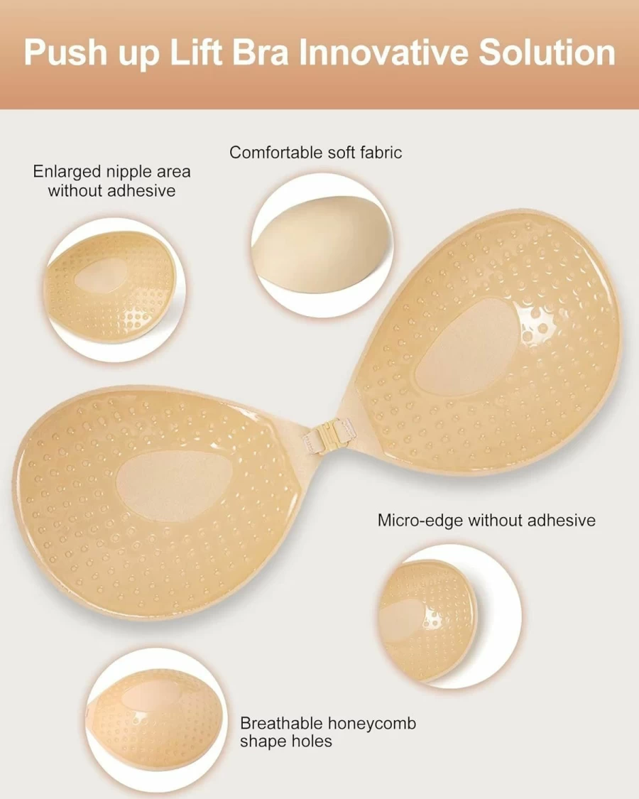 Alki'i Adhesive Push Up Bra for Women - 2 Pack Invisible Sticky Backless Strapless Lifting Bra with Nipple Covers for Dresses