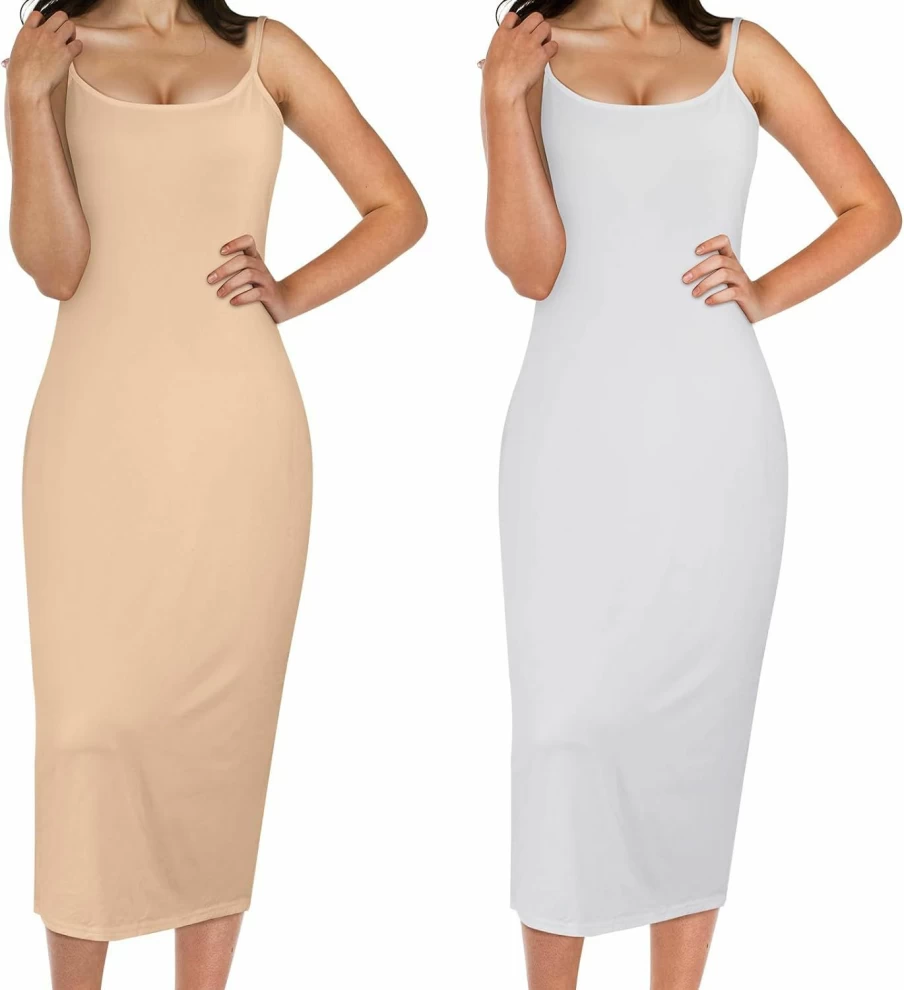 Jiuguva Women's Adjustable Spaghetti Strap Long Slip Dress - 2 Pack Sleeveless Nightgown for Under Dresses
