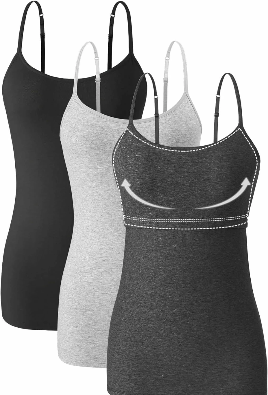Orrpally Women's 3-Pack Cotton Camisole Tank Tops with Shelf Bra & Adjustable Spaghetti Straps