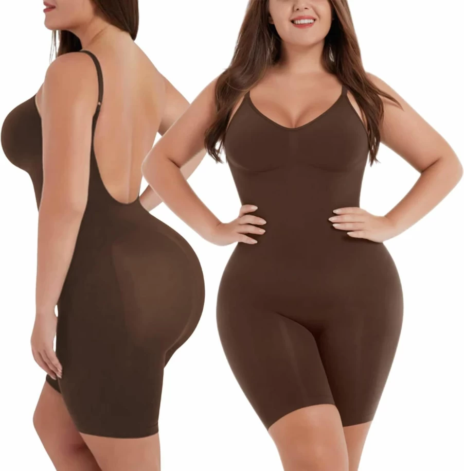 Soo Slick Women's Seamless Shapewear Bodysuit - Tummy Control & Butt Lifting Open Back Full Body Shaper for Mid Thigh Coverage