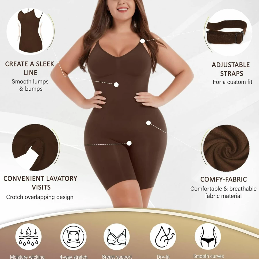 Soo Slick Women's Seamless Shapewear Bodysuit - Tummy Control & Butt Lifting Open Back Full Body Shaper for Mid Thigh Coverage