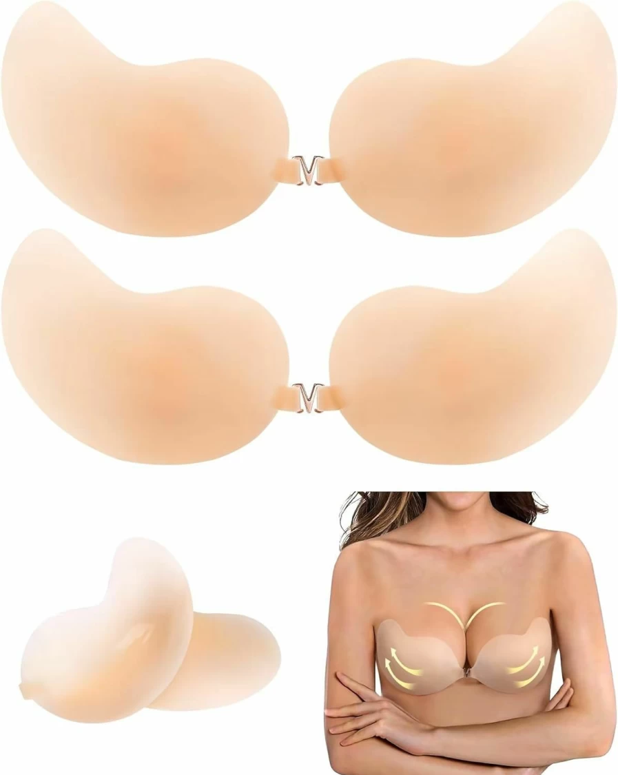 APOWUS Silicone Sticky Bra - Ultra Thin Strapless & Backless Adhesive Bra for Women, Invisible Push Up Stick On Bra, 2-Pair Set for Small Breasts
