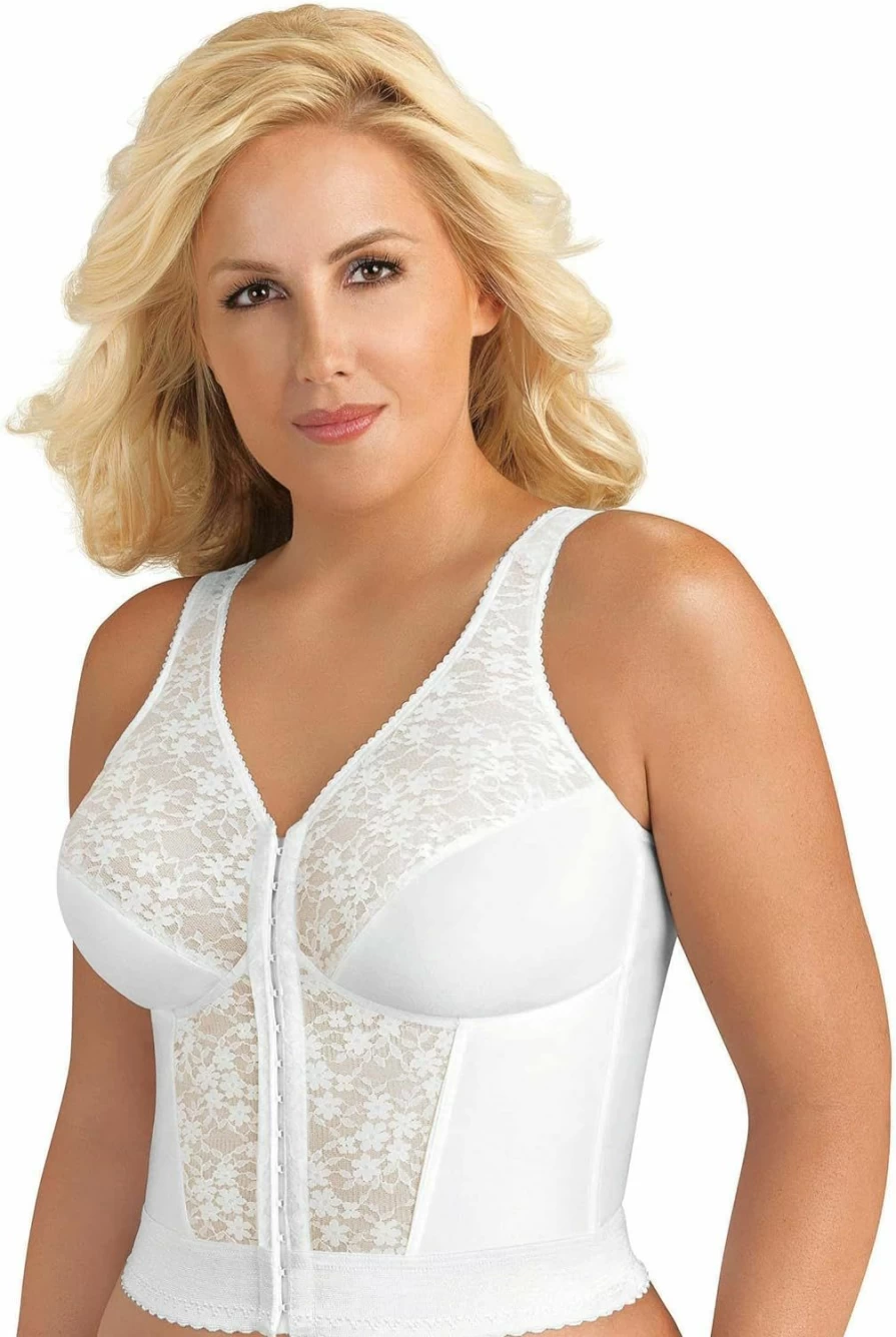 Exquisite Form 5107565 Wireless Posture Support Bra with Front Closure & Lace Trim - Slimming Longline Design