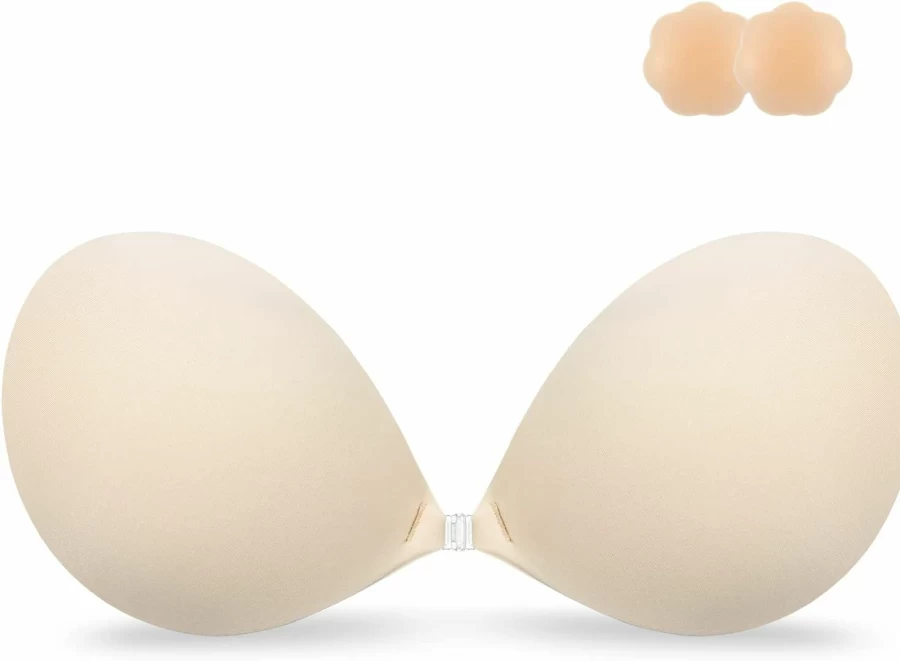 Niidor Strapless Sticky Silicone Bra - Invisible Push Up Adhesive Bra for Backless Dresses with Nipple Covers