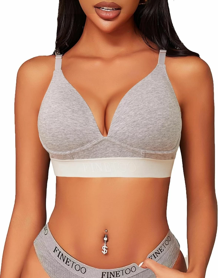 FINETOO Women's Wireless Comfort Bra - Soft Cotton Full Coverage Bralette with V-Neck & Cross Back Straps