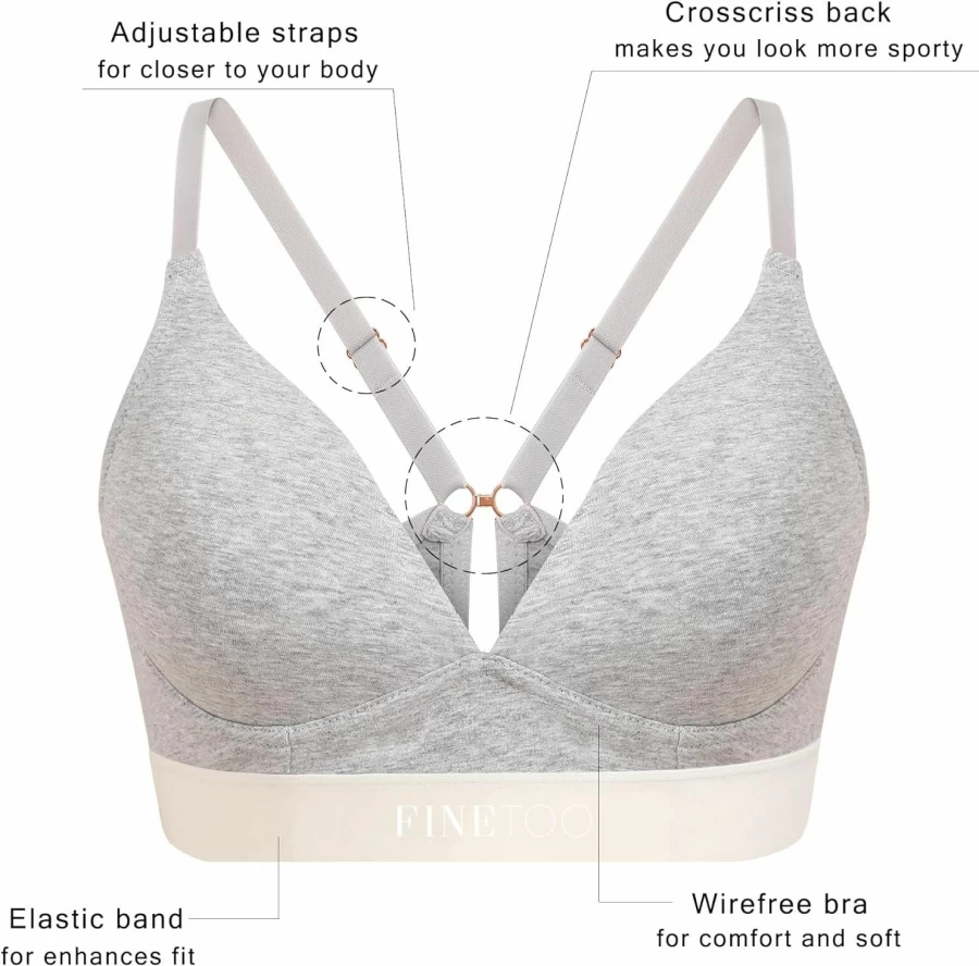 FINETOO Women's Wireless Comfort Bra - Soft Cotton Full Coverage Bralette with V-Neck & Cross Back Straps