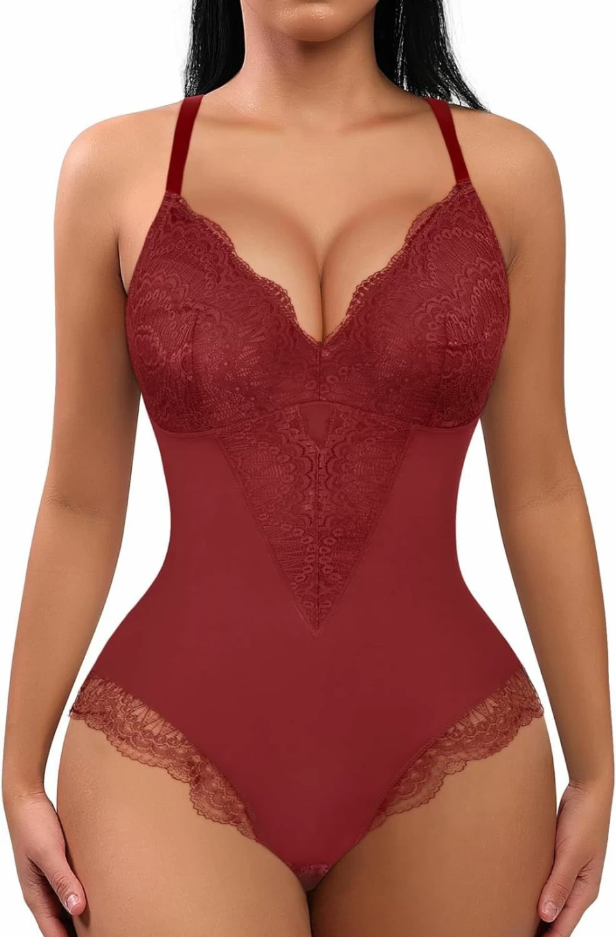 FeelinGirl Women's Lace Bodysuit Shapewear - V Neck Lingerie Jumpsuit Faja Body Shaper for Slimming & Tummy Control