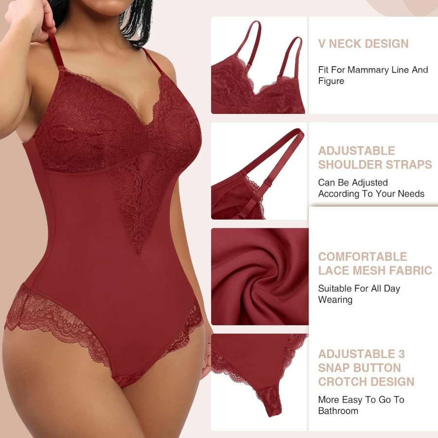 FeelinGirl Women's Lace Bodysuit Shapewear - V Neck Lingerie Jumpsuit Faja Body Shaper for Slimming & Tummy Control